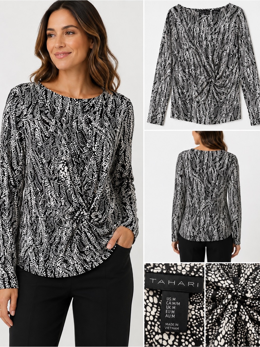 Tahari Black & White Abstract Print Long Sleeve Top Size Medium Twist Front